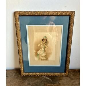 Antique Victorian Print of Woman in White Dress | 19th Century Artwork